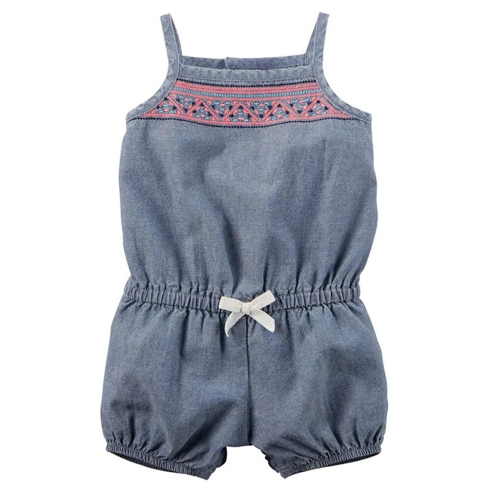 NWT CARTER'S Embroidered Chambray Blue Romper Baby Girl 6M